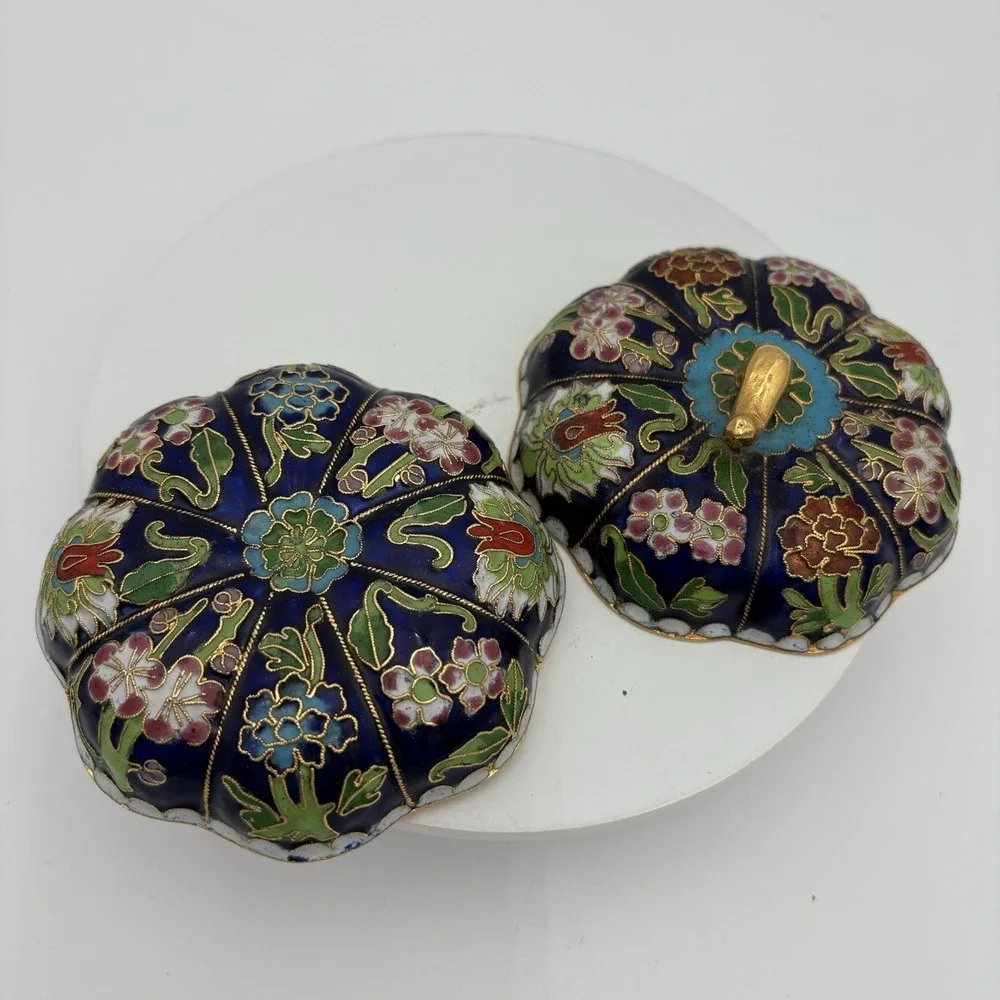 VTG Cloisonne Lidded Pumpkin Shaped Trinket Box China Blue Enamel‎ 3 1/2